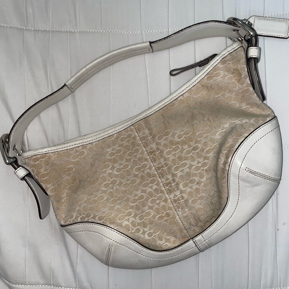 Vintage Coach Ivory/White Signature Canvas and Leather Buckle Hobo Purse